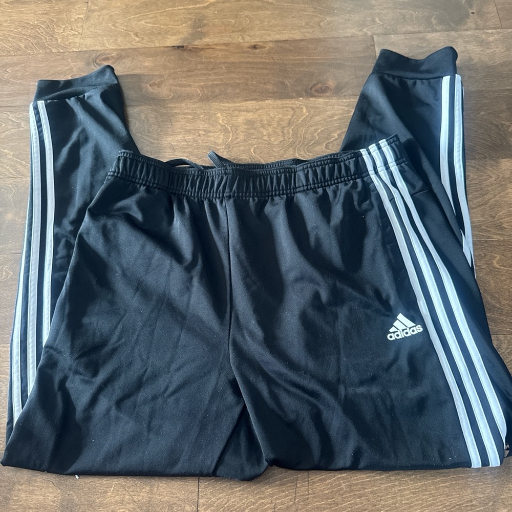 Adidas Men's Black Joggers with White Stripes